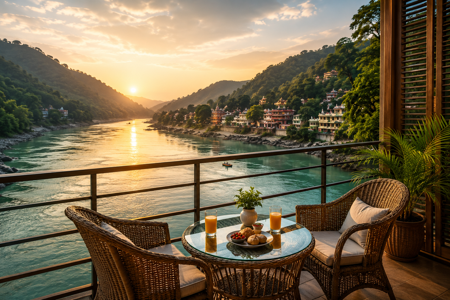 Riverside balcony overlooking the Ganges valley in Rishikesh