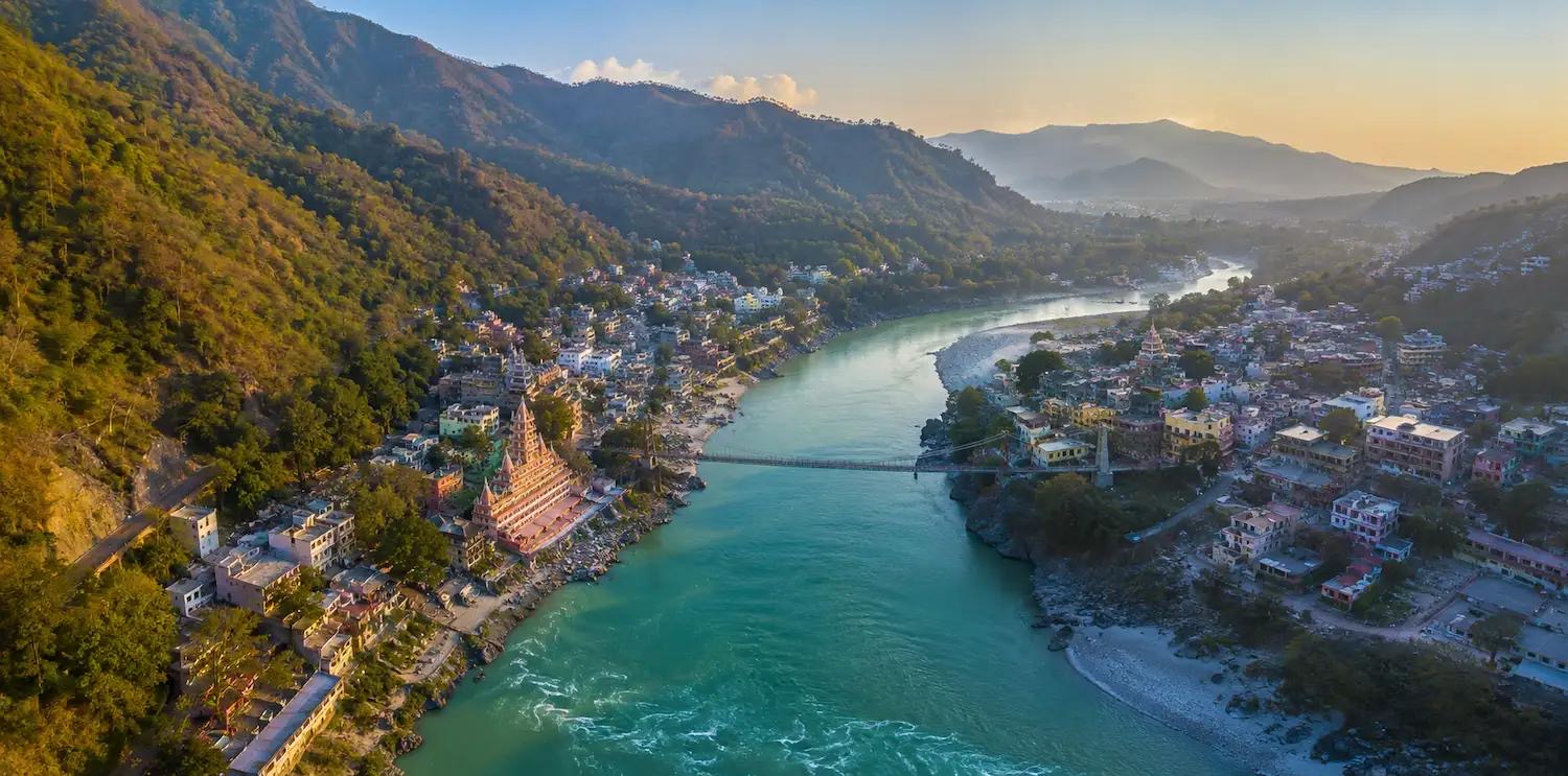 Aerial view of the Ganges curving through Rishikesh
